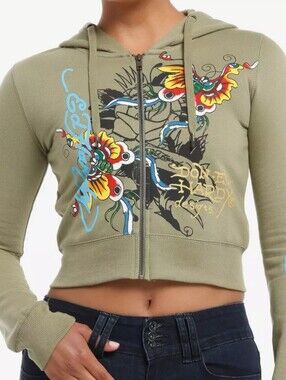 Ed Hardy SizeS,Olive Zip-Up Cropped Hoodie with Multicolor Floral Print